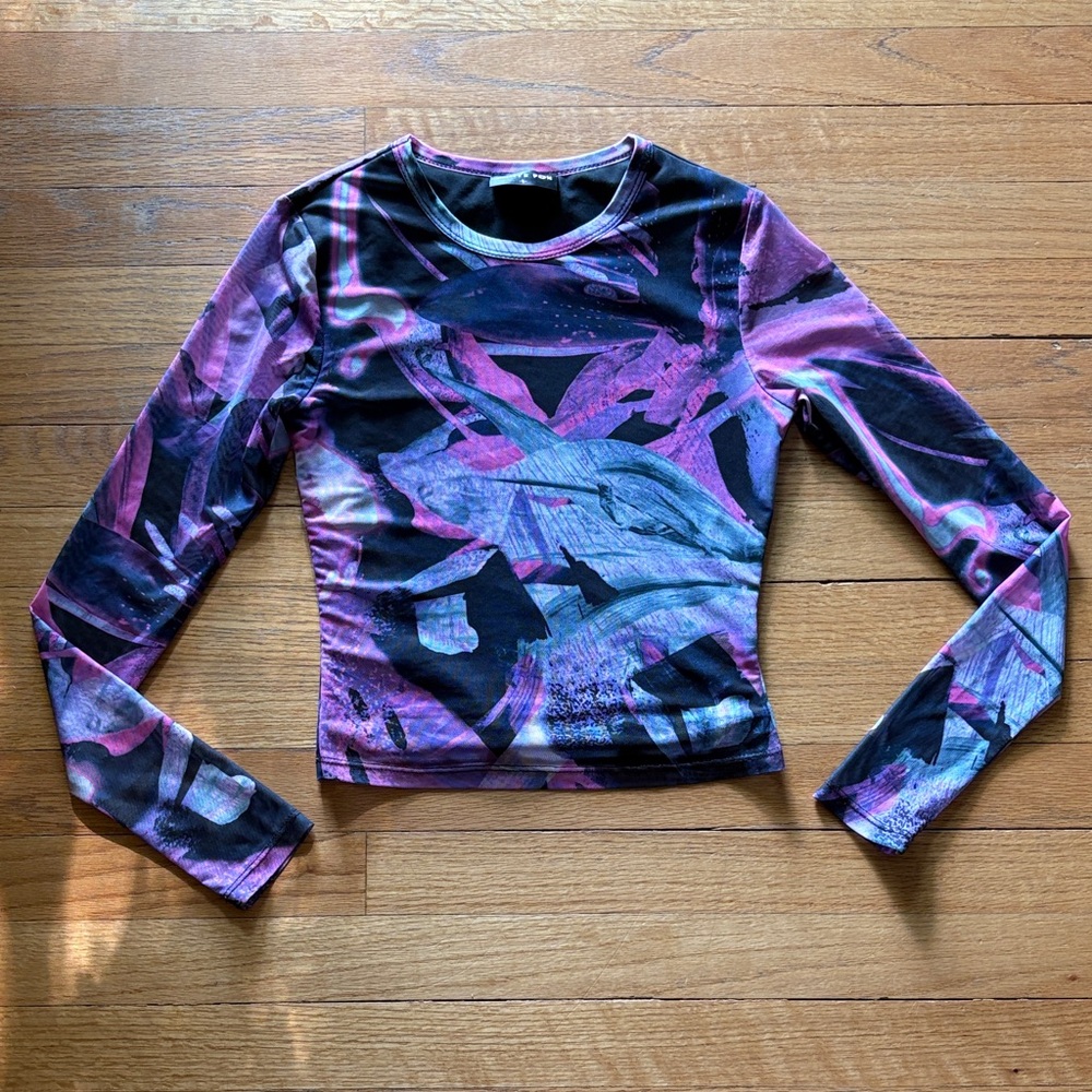 White Fox sheer mesh abstract floral long sleeve going out top